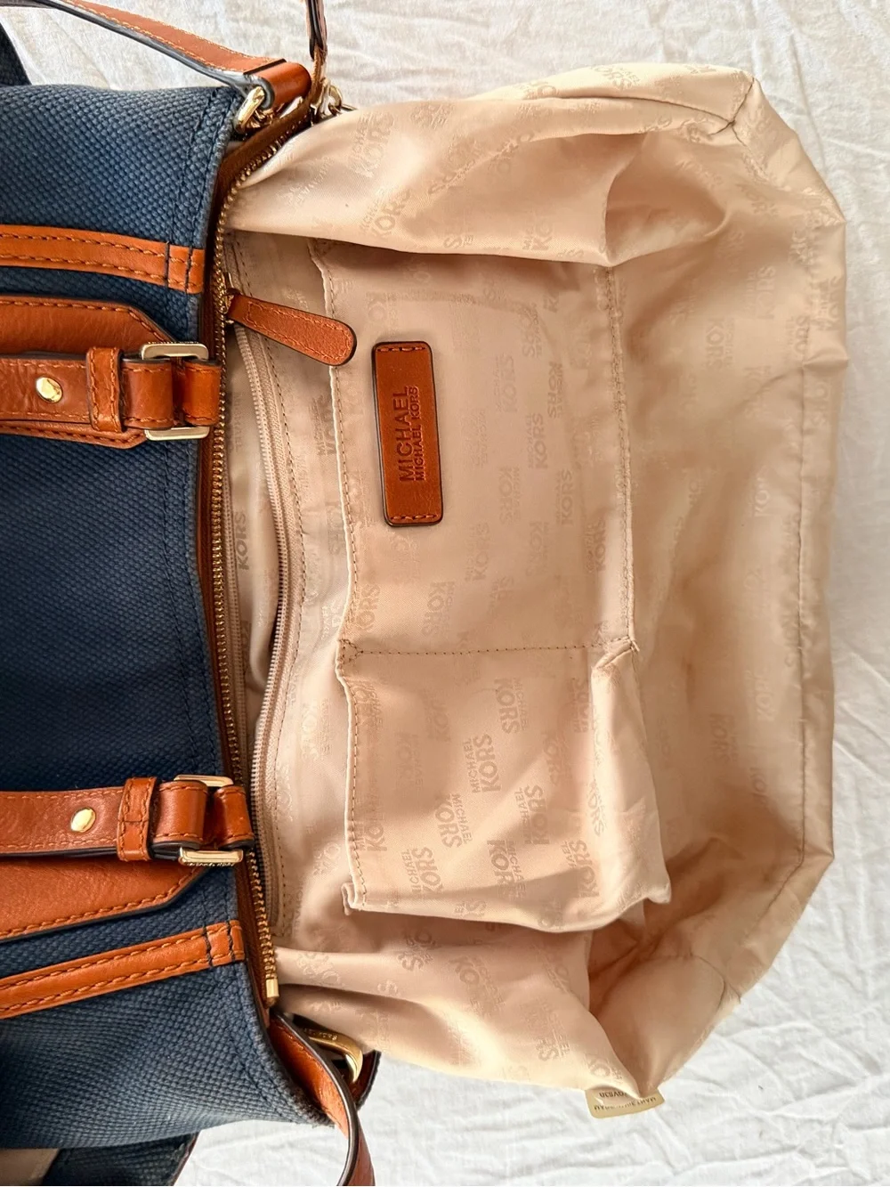 Michael Kors Navy and Brown Leather-Trim canvas doctor’s style Shoulder Bag